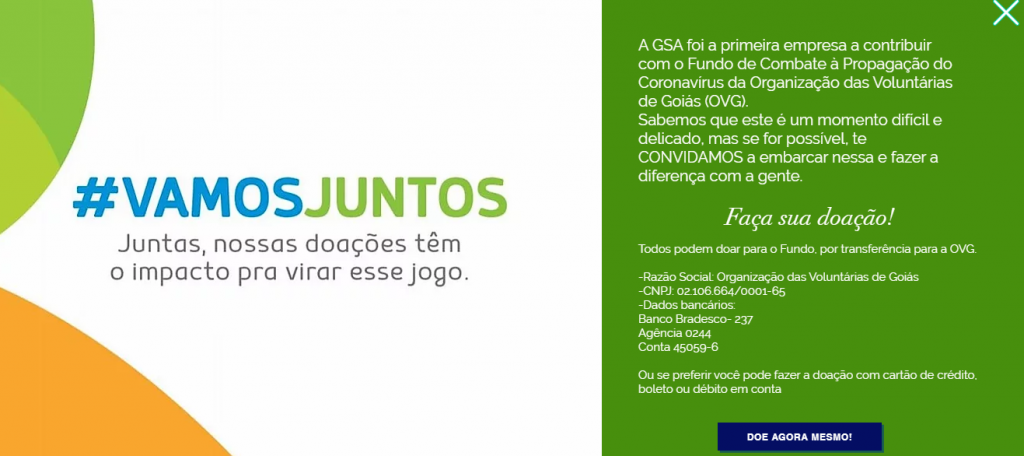 GSA doa R$ 500 mil para o Fundo de Combate à Propagação do Coronavírus da Organização Voluntárias de Goiás (OVG)