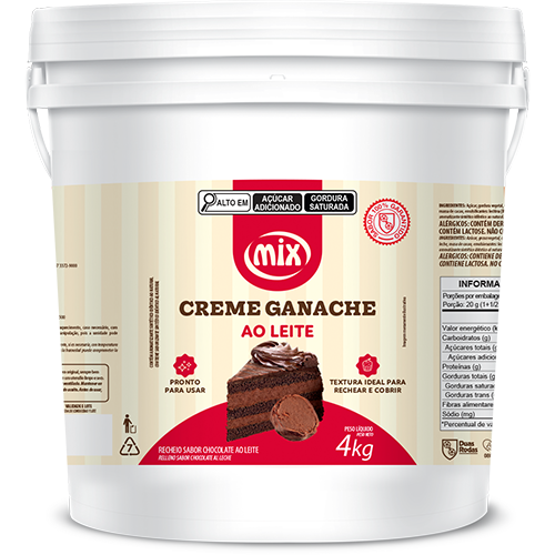 Creme Ganache Sabor Chocolate Ao Leite, Mix Ingredientes embalagem de 4kg