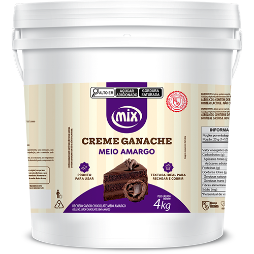 Creme Ganache Sabor Chocolate Meio Amargo, Mix Ingredientes embalagem de 4kg